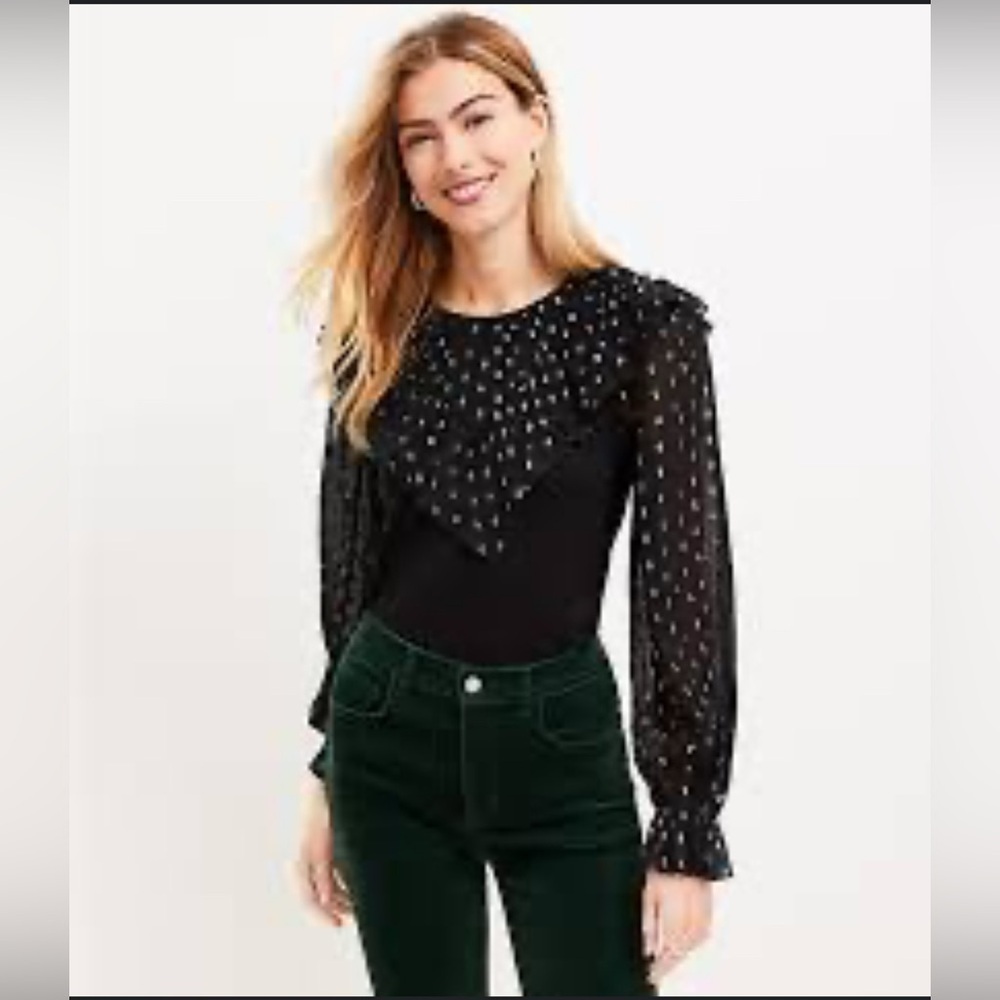Ann Taylor Lift Shimmer Dotted Ruffle Yoke Mixed Media Top Small Petite